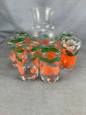 Vintage Anchor Hocking Orange Carafe & 6 glasses
